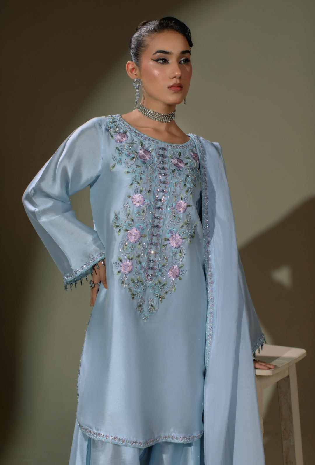 3-Piece Blue Embroidered Shisha Silk
