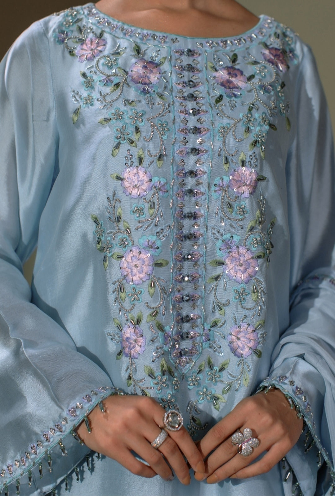 3-Piece Blue Embroidered Shisha Silk