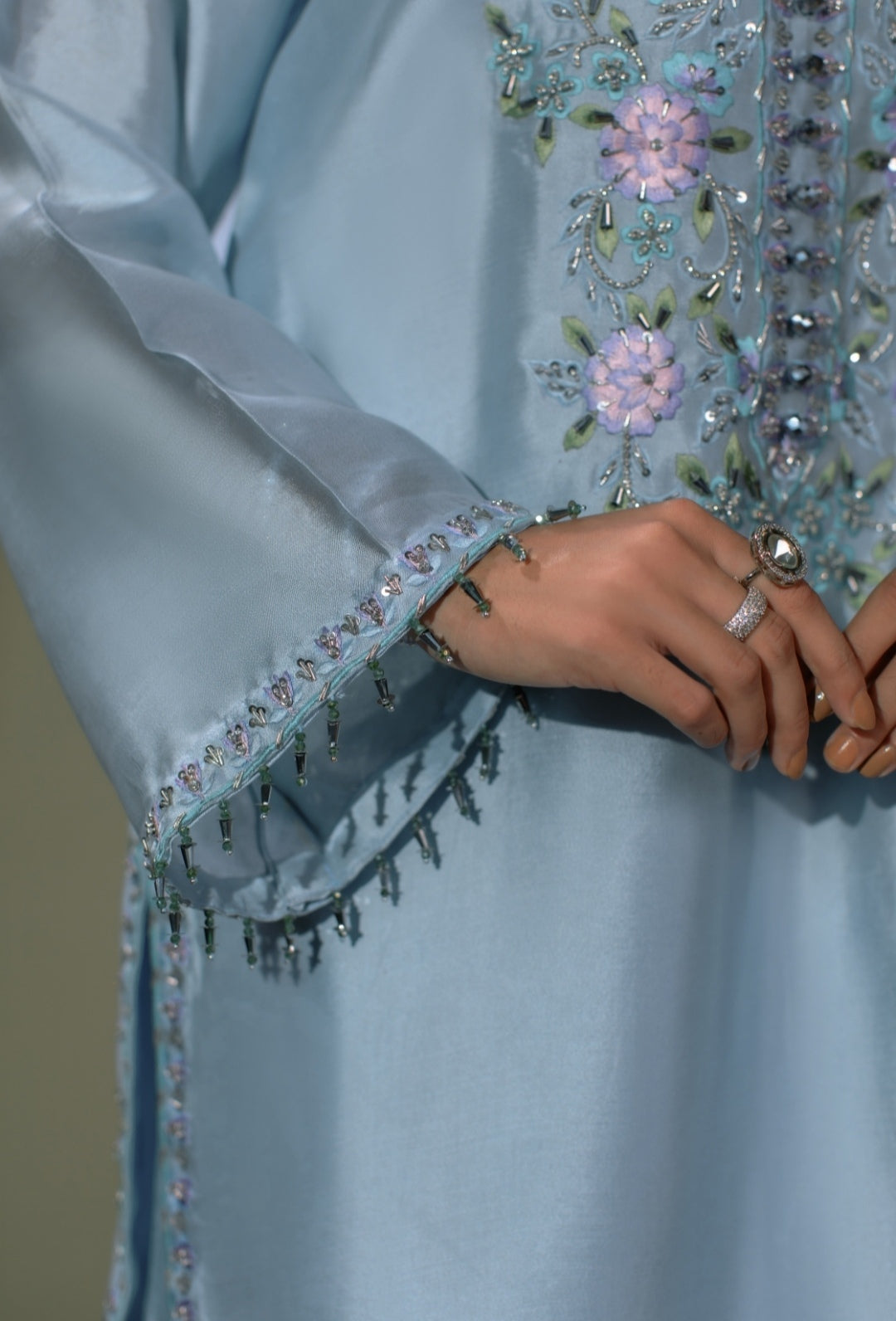 3-Piece Blue Embroidered Shisha Silk
