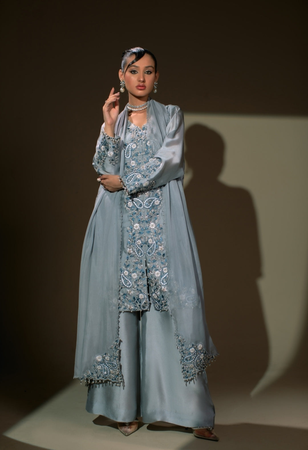 3-Piece Gray Embroidered Shisha Silk