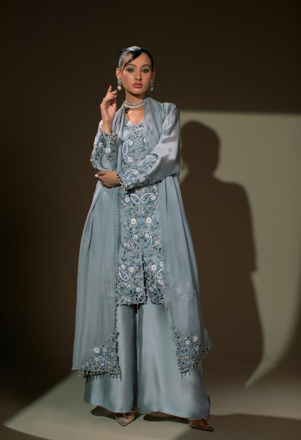 3-Piece Gray Embroidered Shisha Silk