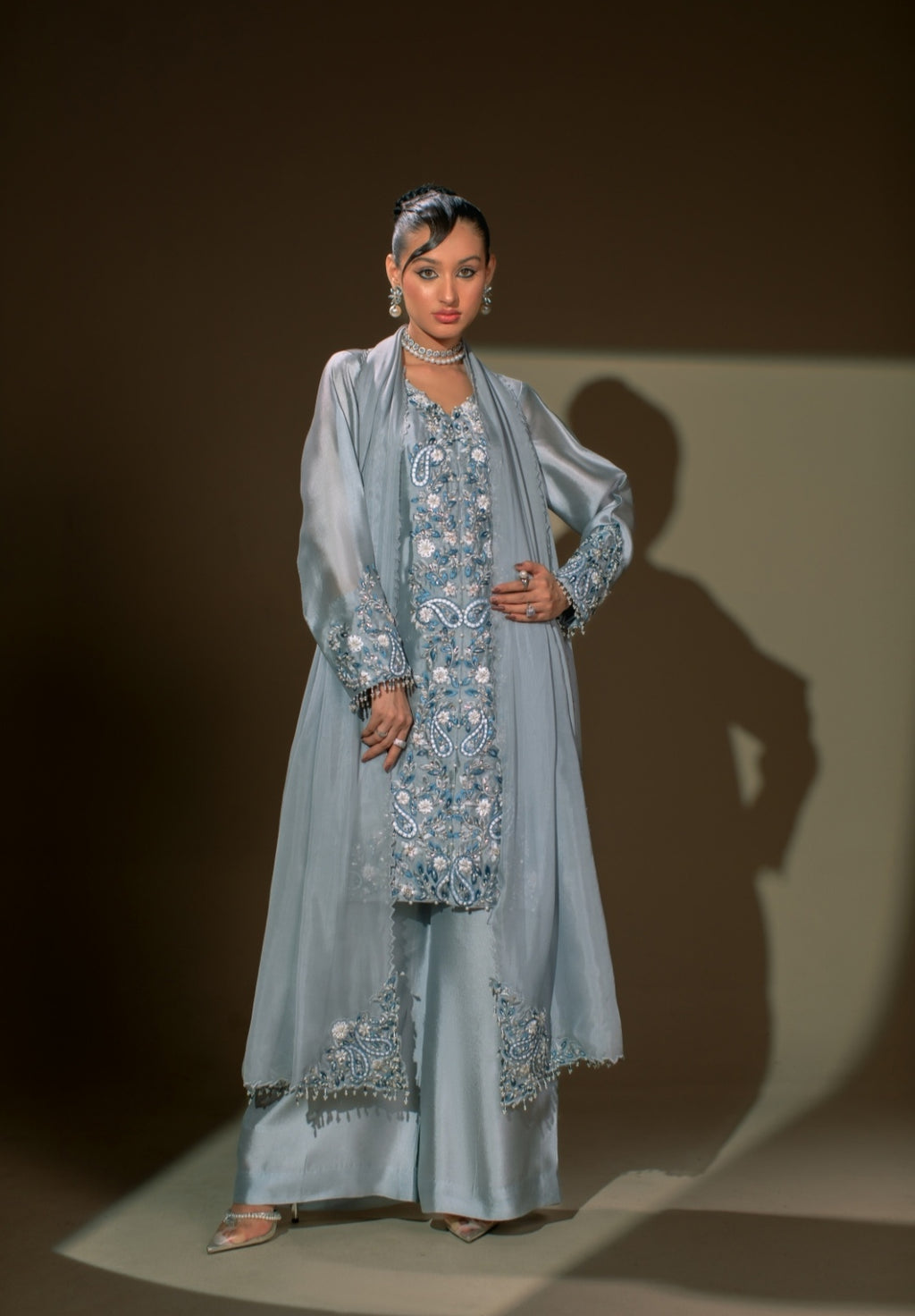 3-Piece Gray Embroidered Shisha Silk