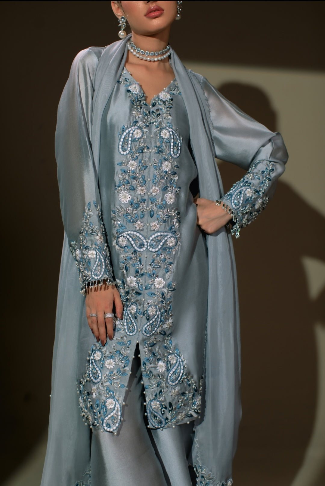 3-Piece Gray Embroidered Shisha Silk