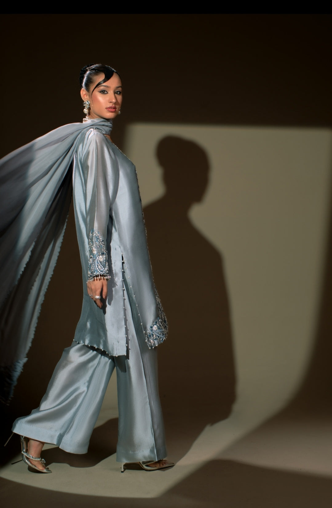 3-Piece Gray Embroidered Shisha Silk