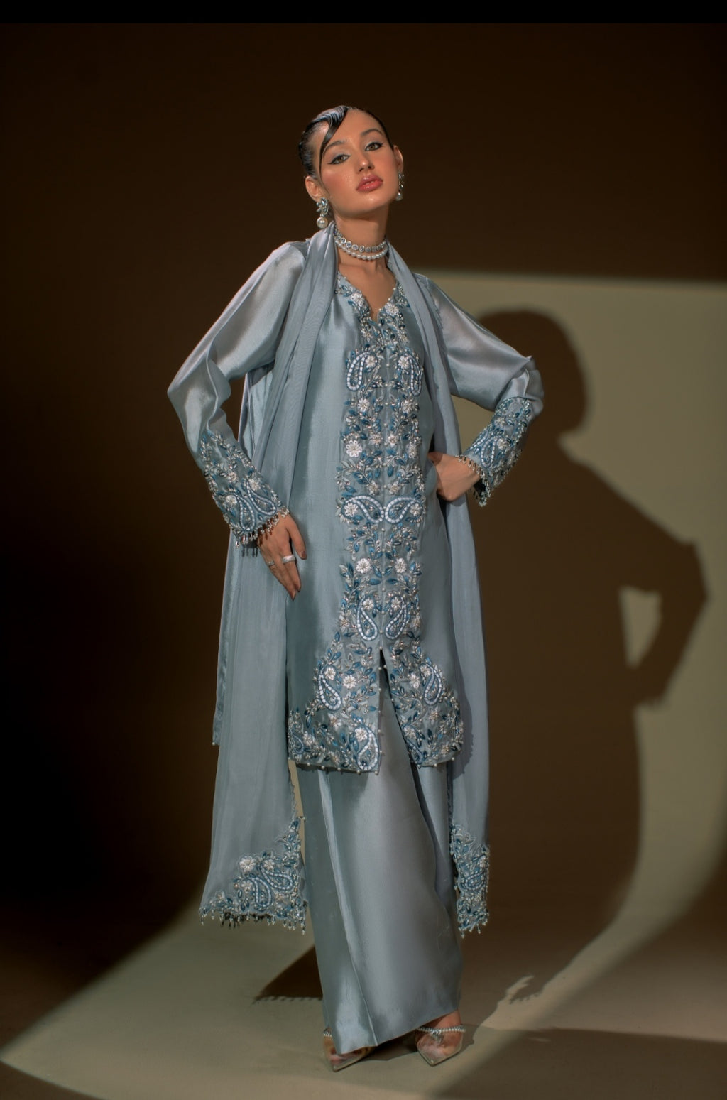 3-Piece Gray Embroidered Shisha Silk