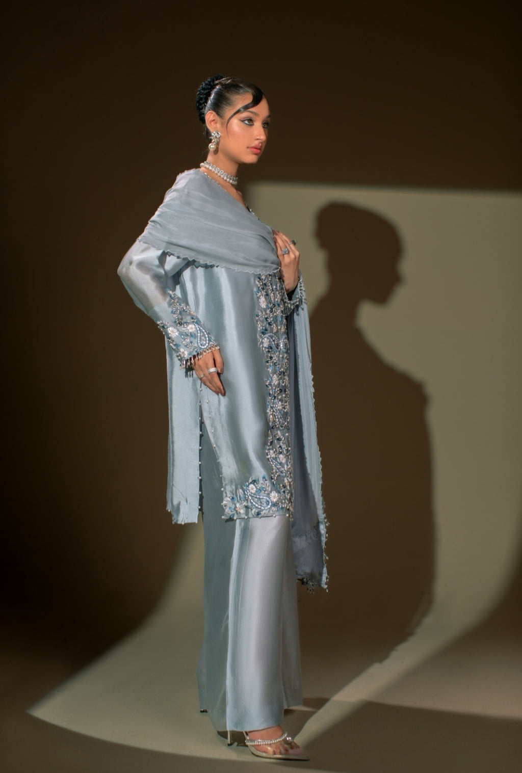 3-Piece Gray Embroidered Shisha Silk
