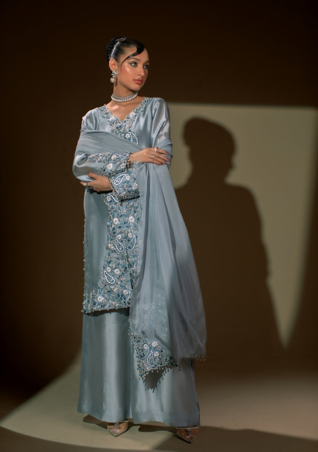 3-Piece Gray Embroidered Shisha Silk