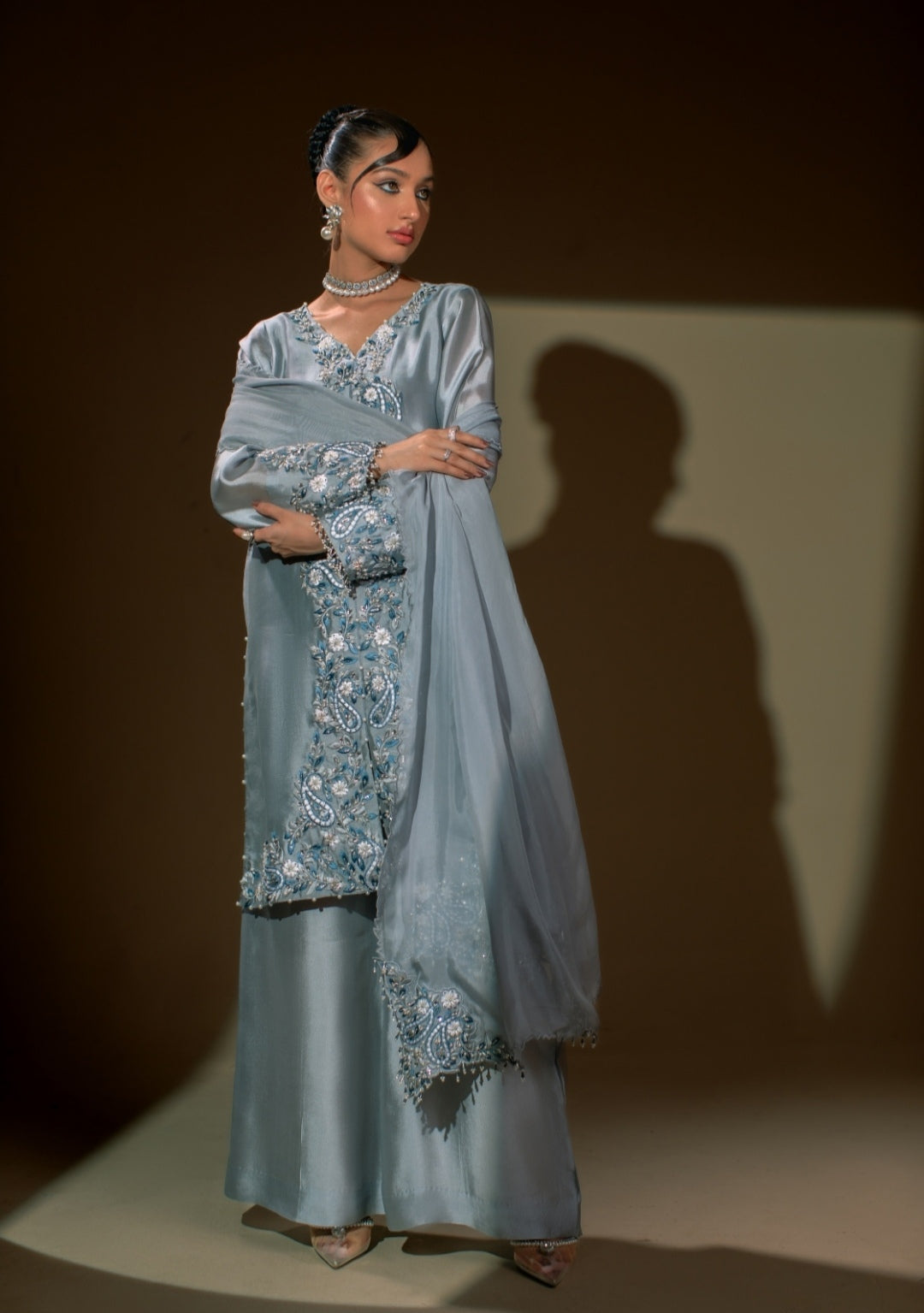 3-Piece Gray Embroidered Shisha Silk