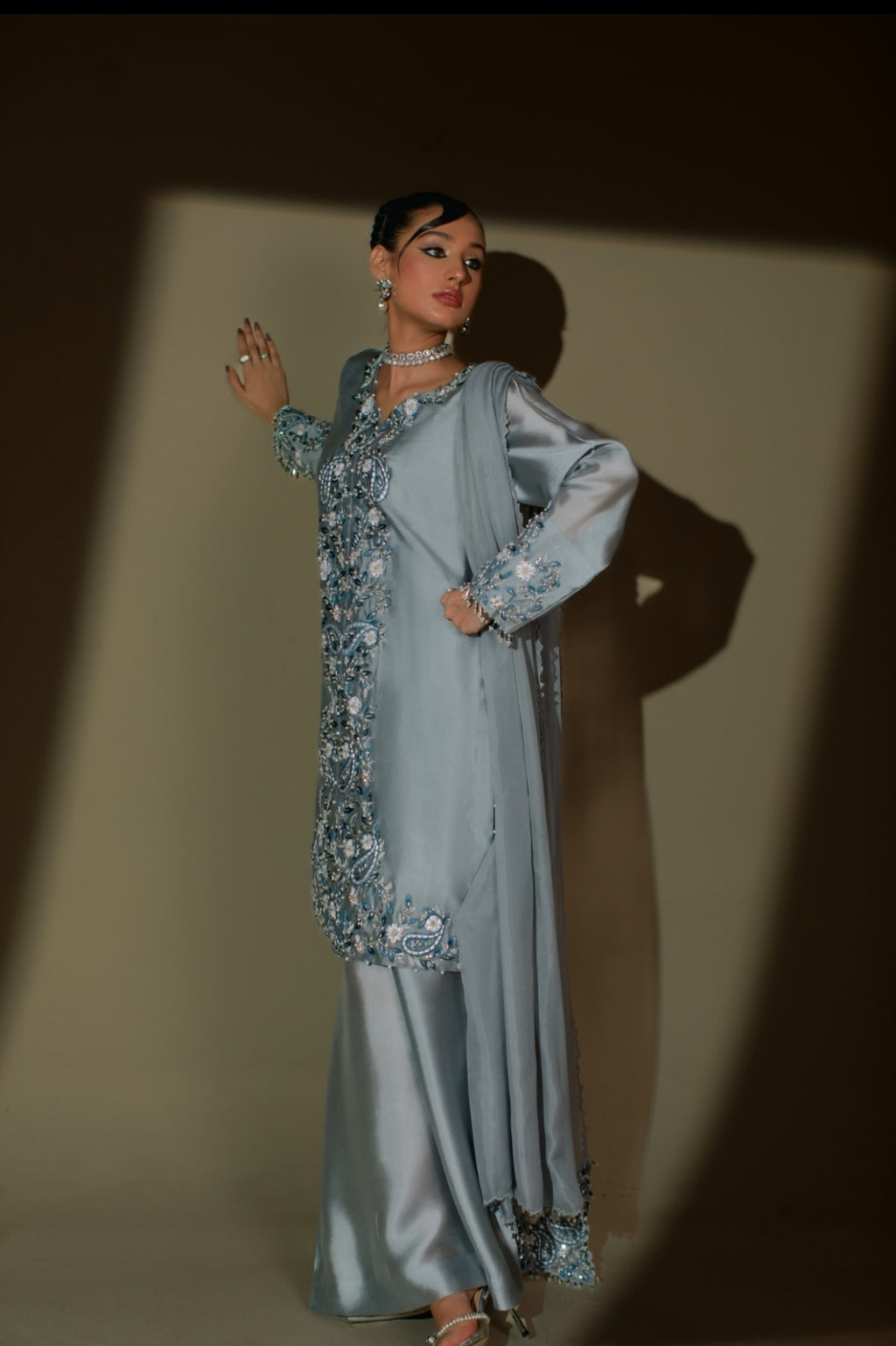 3-Piece Gray Embroidered Shisha Silk
