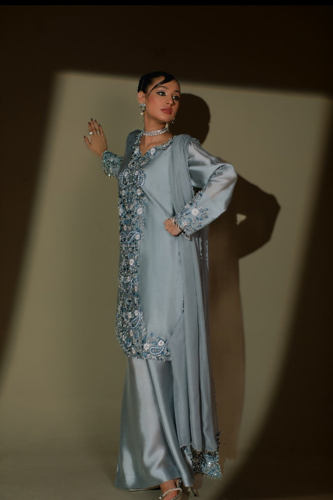 3-Piece Gray Embroidered Shisha Silk