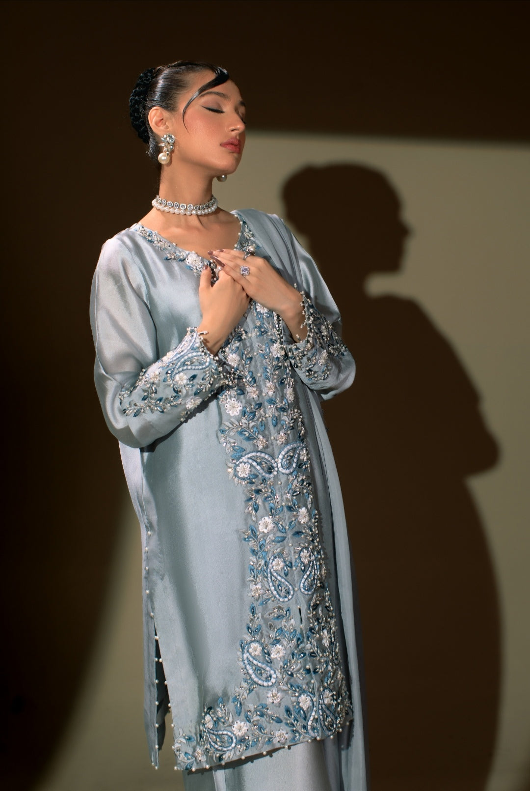 3-Piece Gray Embroidered Shisha Silk