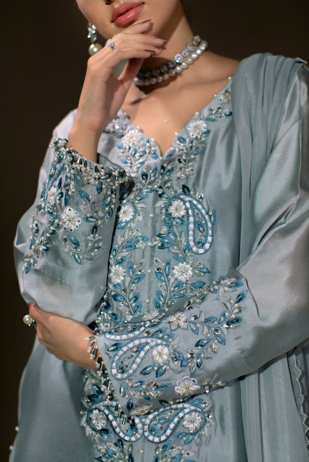 3-Piece Gray Embroidered Shisha Silk