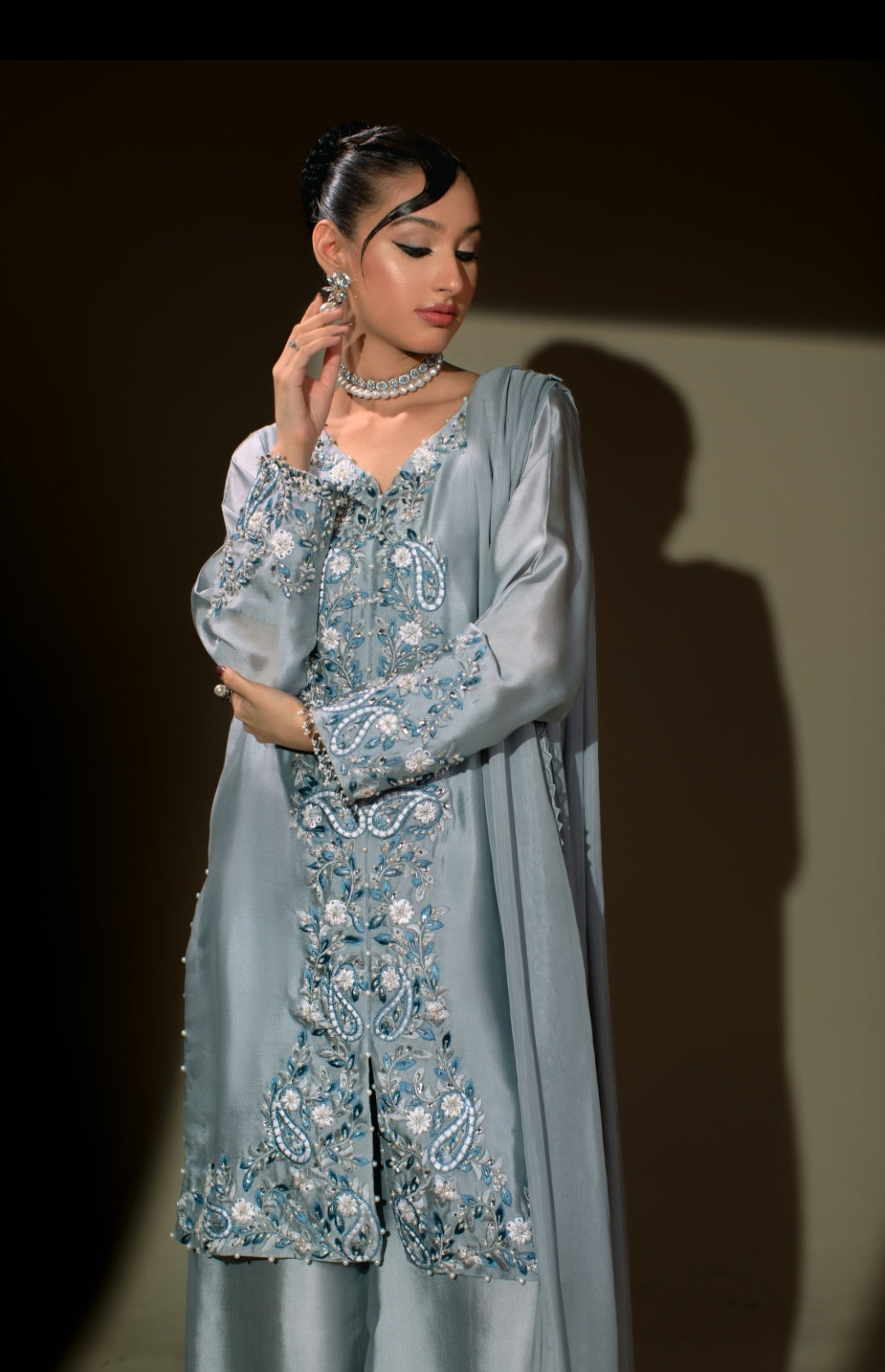 3-Piece Gray Embroidered Shisha Silk