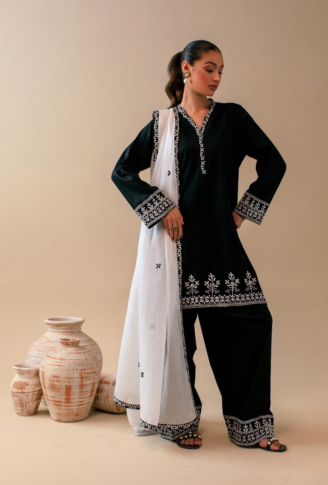 3-Piece Black & White Embroidered Lawn