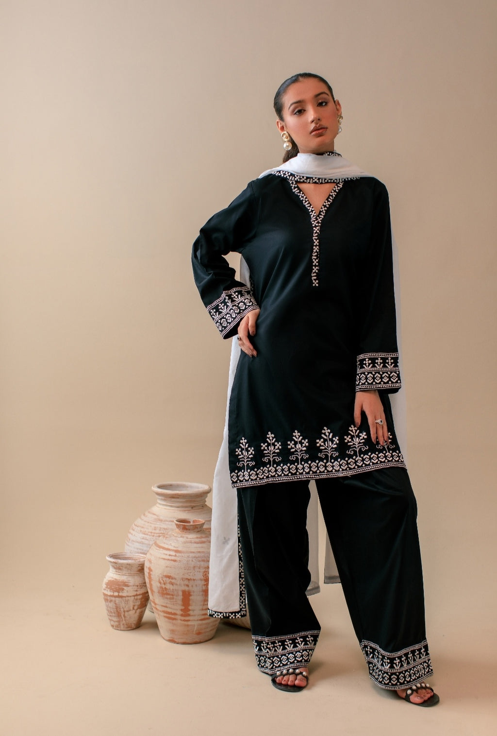 3-Piece Black & White Embroidered Lawn