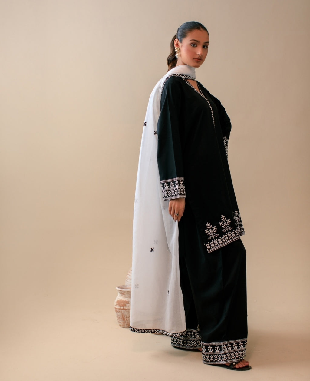 3-Piece Black & White Embroidered Lawn