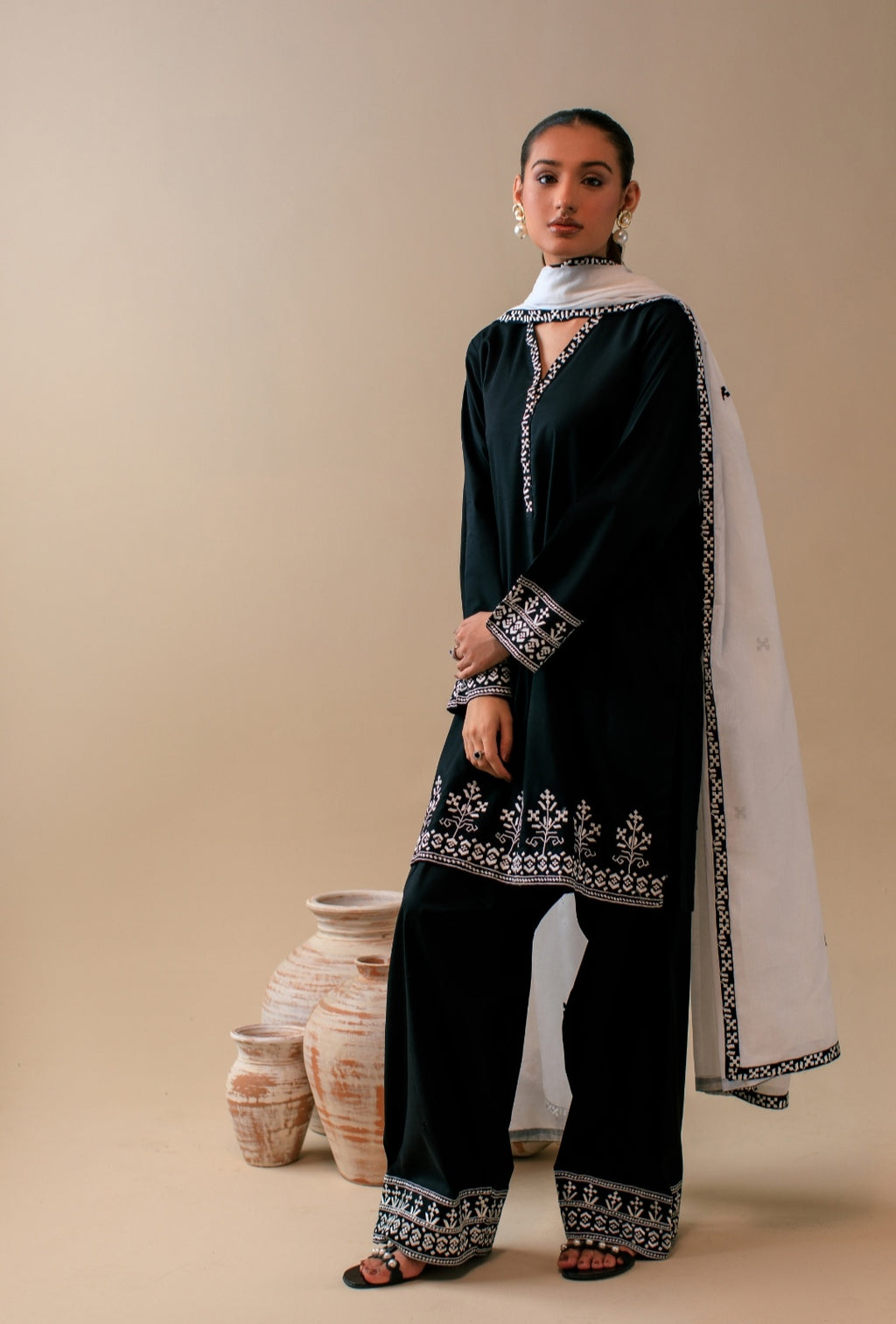 3-Piece Black & White Embroidered Lawn