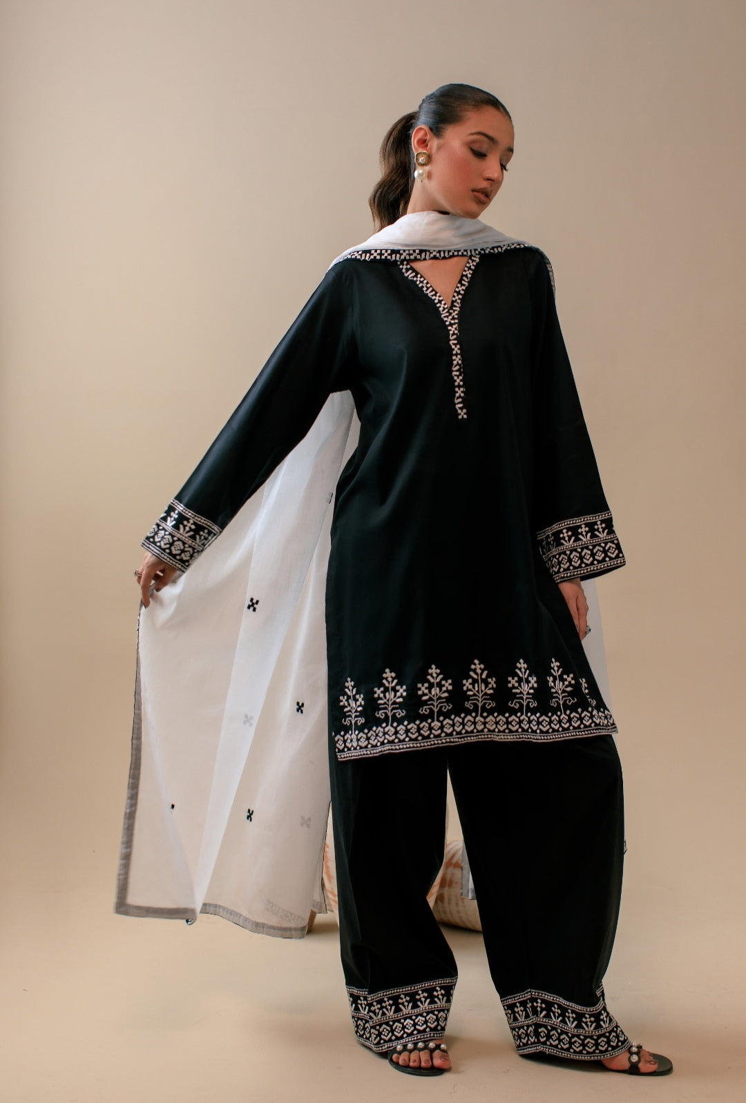 3-Piece Black & White Embroidered Lawn