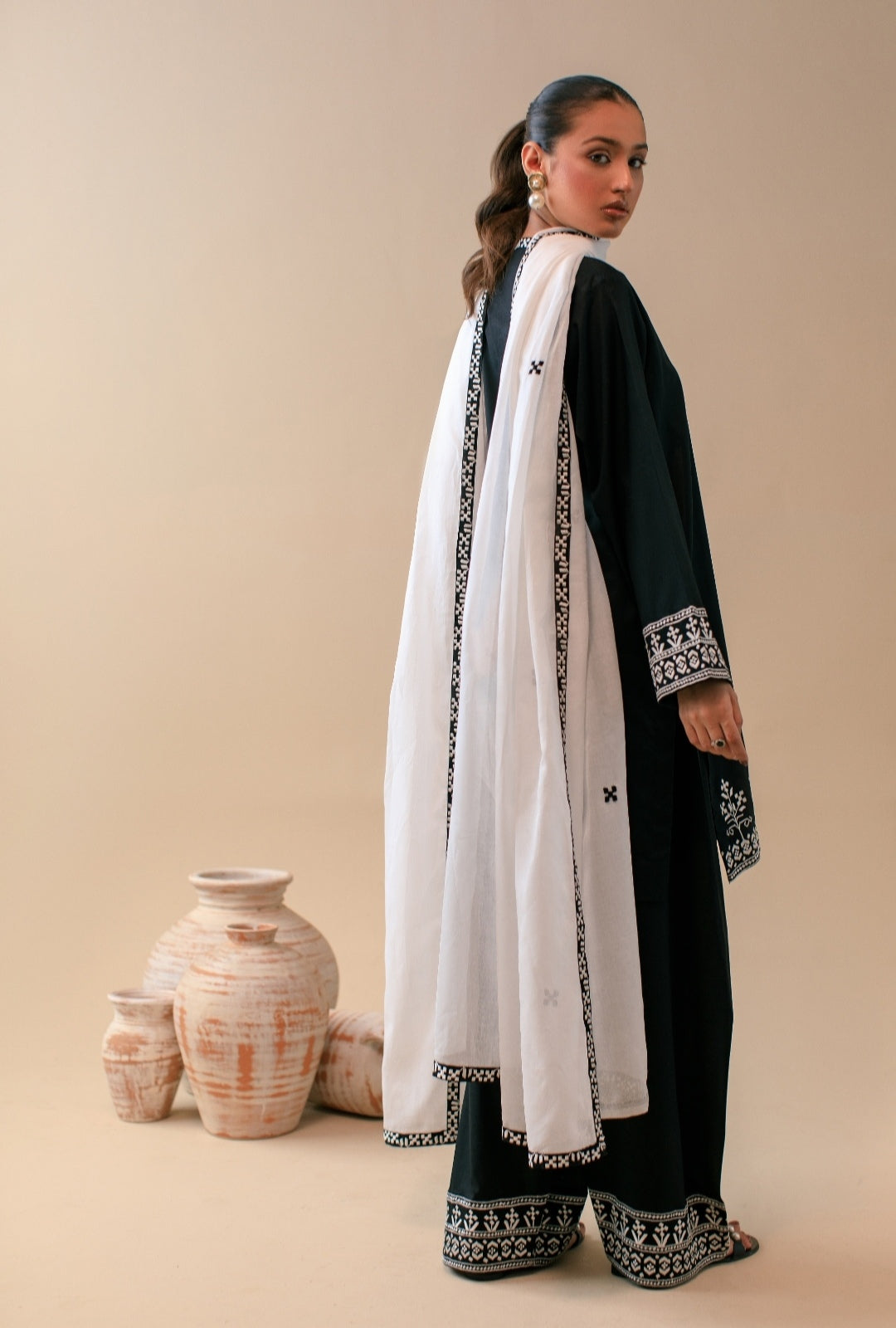 3-Piece Black & White Embroidered Lawn