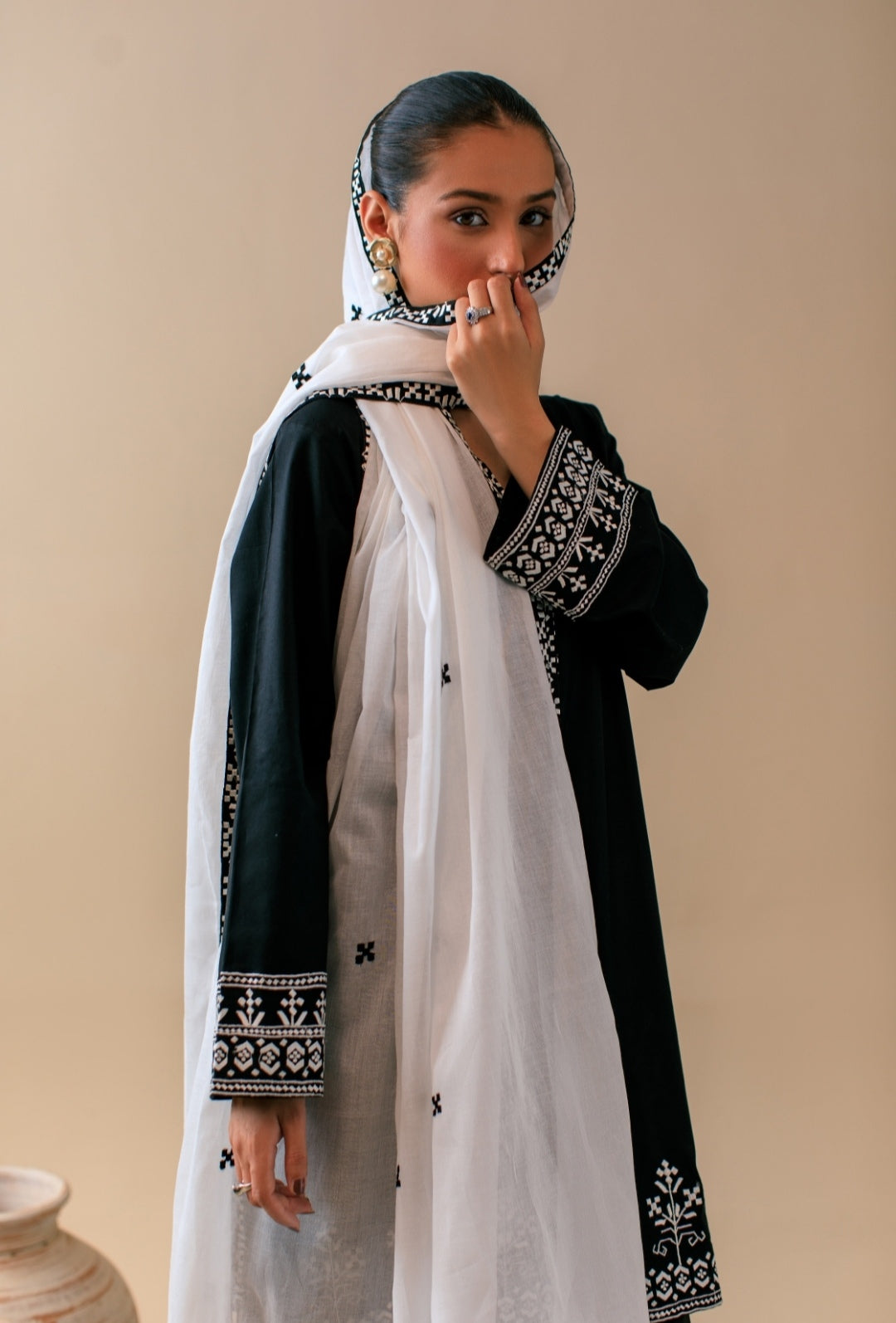 3-Piece Black & White Embroidered Lawn