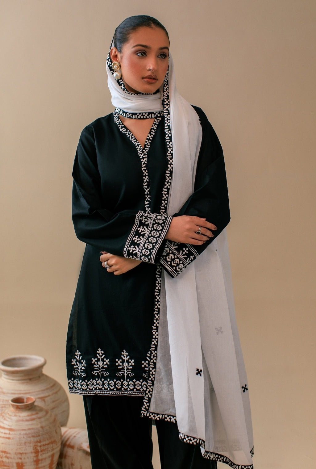 3-Piece Black & White Embroidered Lawn