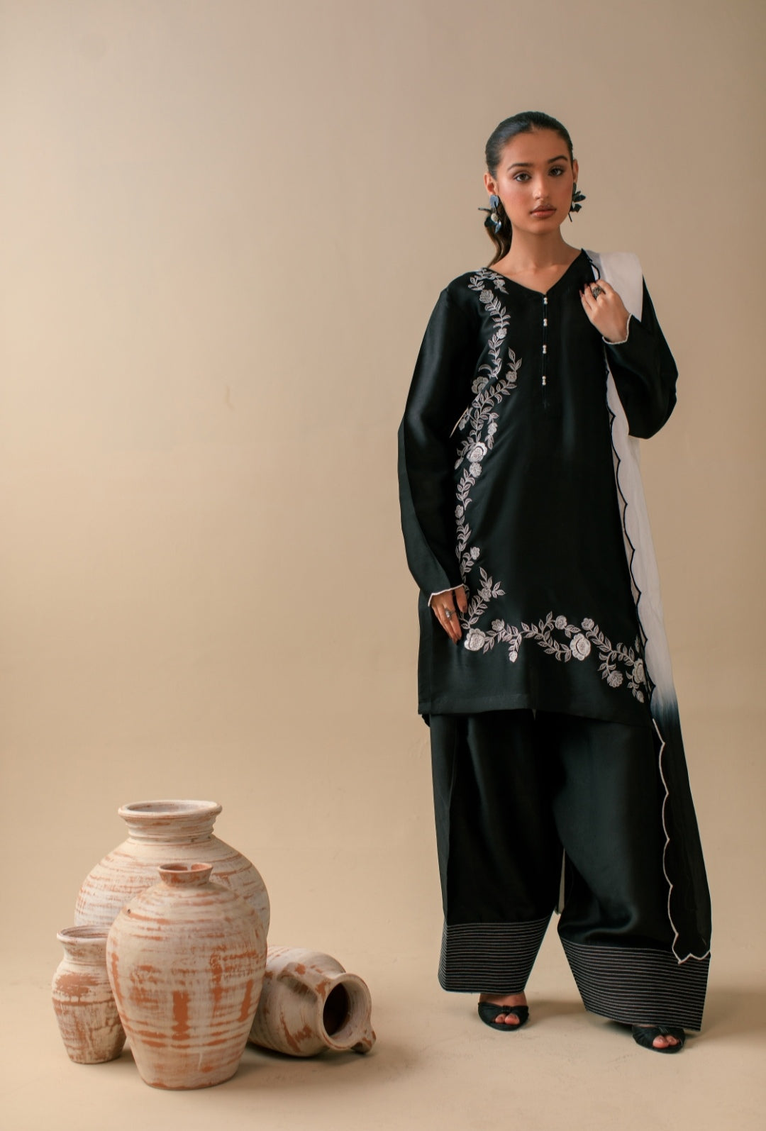 3-Piece Black & White Embroidered Silk