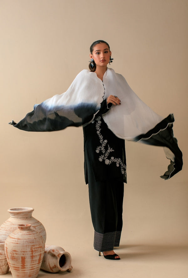 3-Piece Black & White Embroidered Silk
