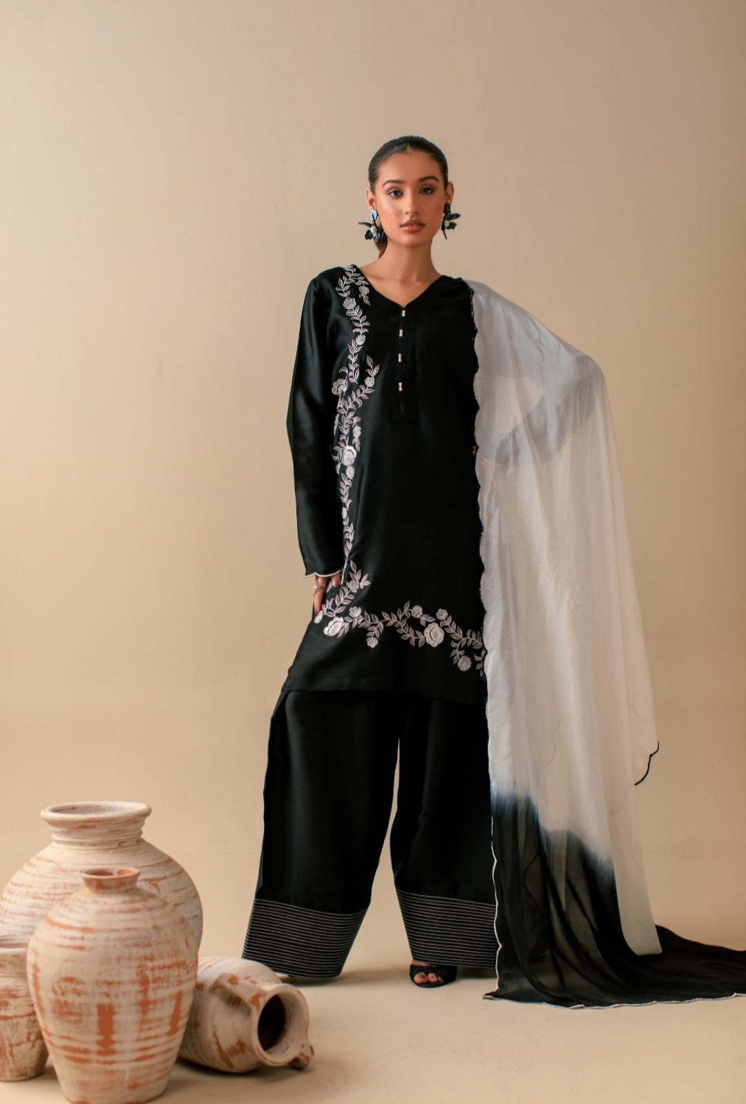 3-Piece Black & White Embroidered Silk