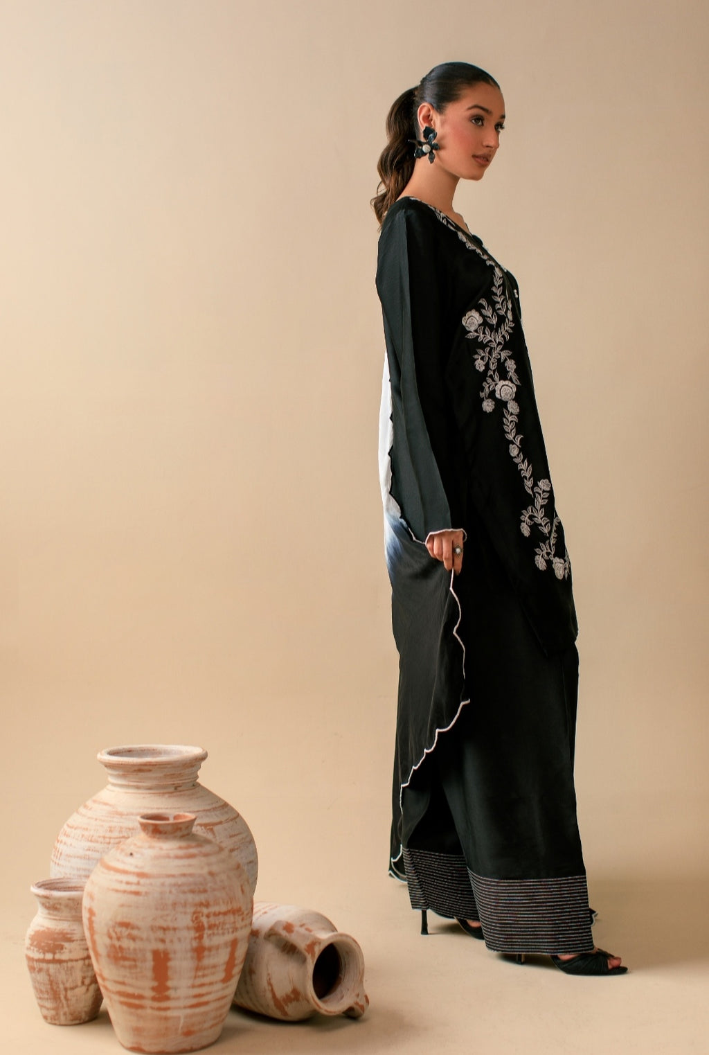 3-Piece Black & White Embroidered Silk