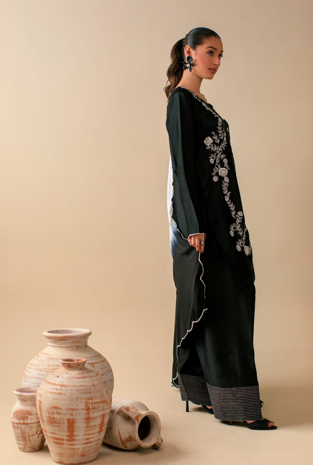 3-Piece Black & White Embroidered Silk