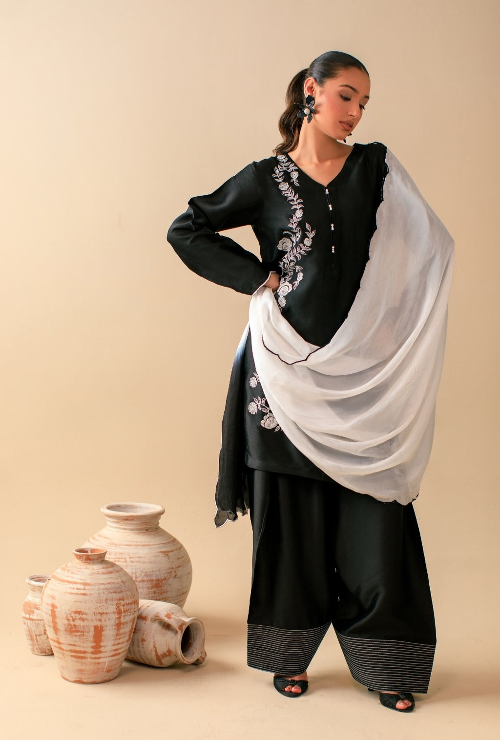3-Piece Black & White Embroidered Silk