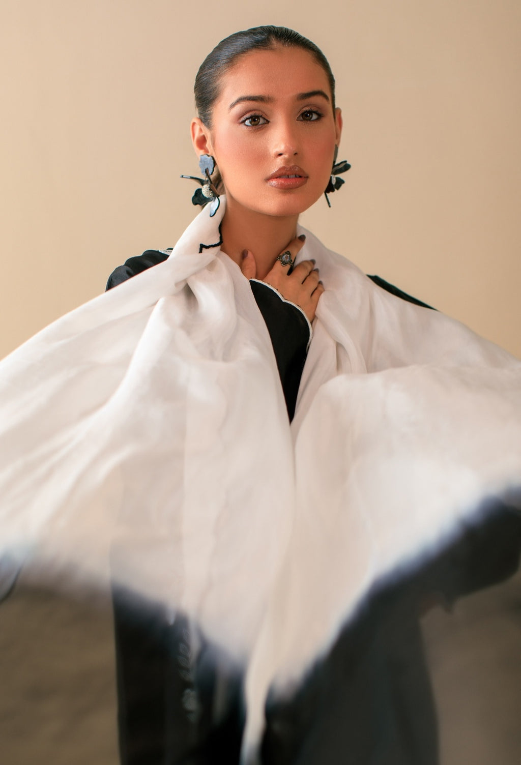 3-Piece Black & White Embroidered Silk