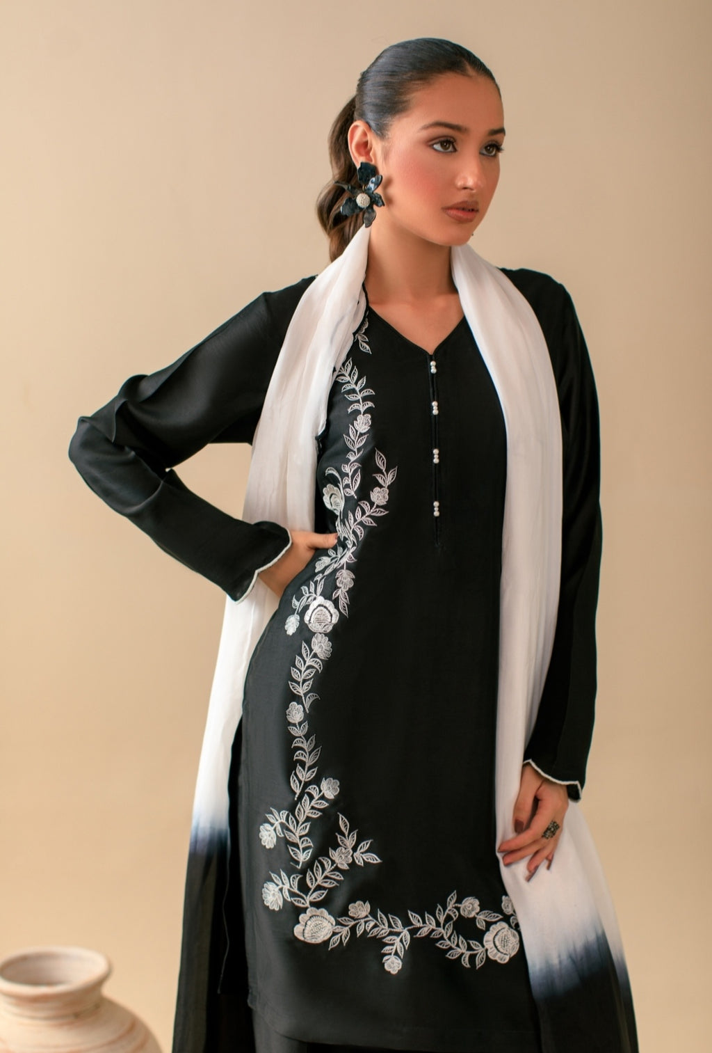 3-Piece Black & White Embroidered Silk