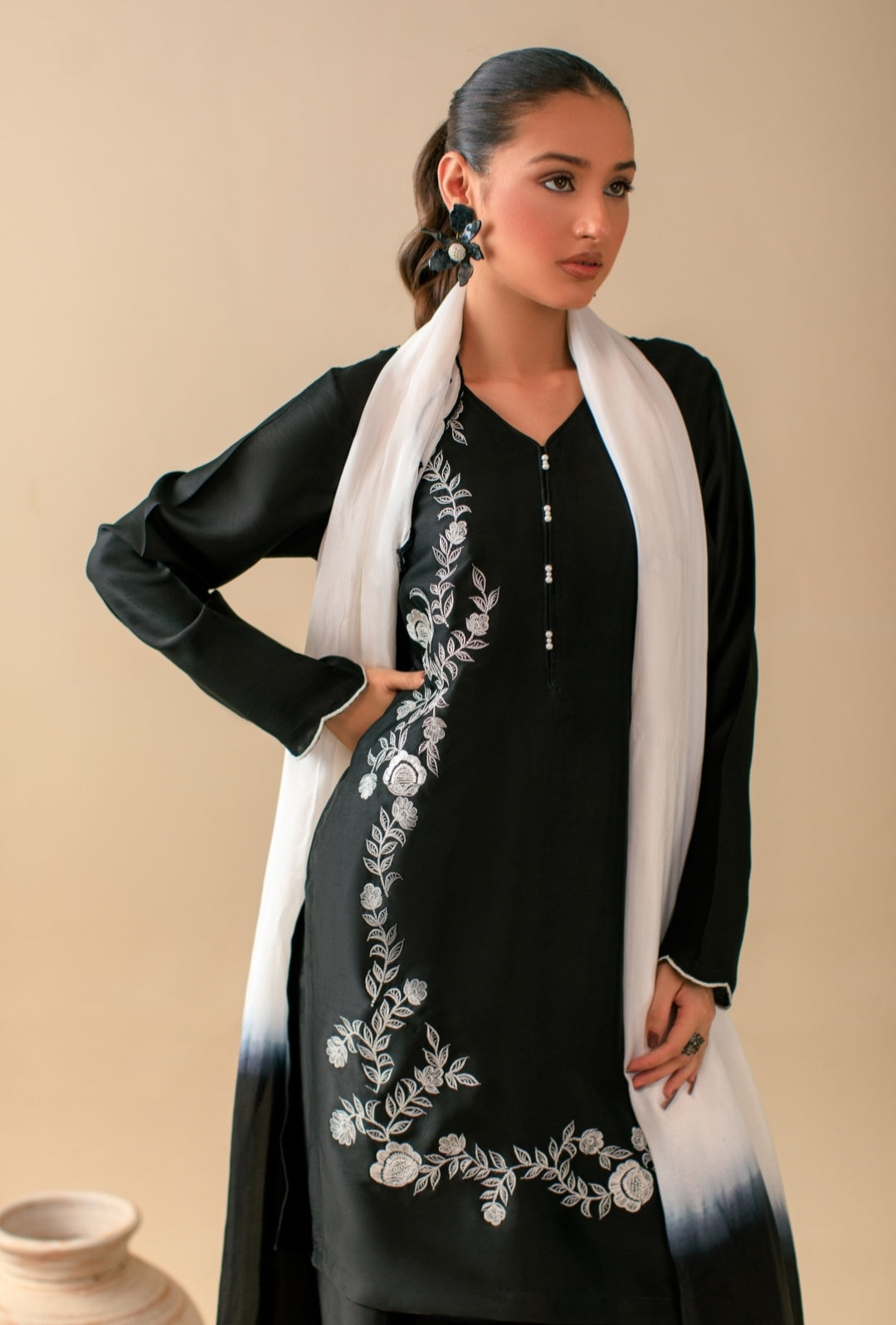 3-Piece Black & White Embroidered Silk