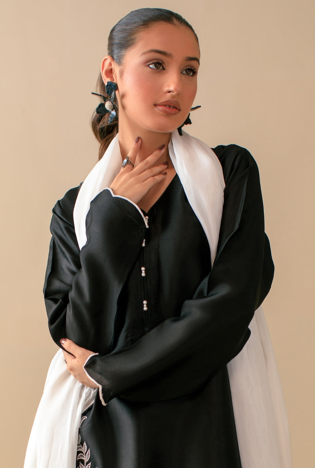 3-Piece Black & White Embroidered Silk