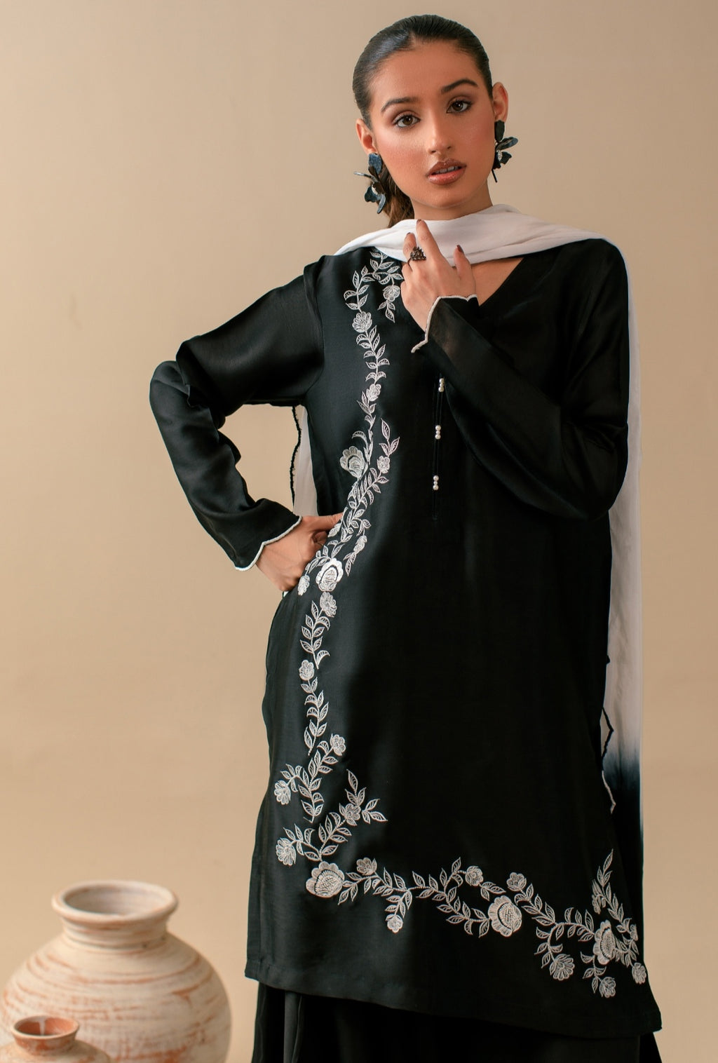 3-Piece Black & White Embroidered Silk