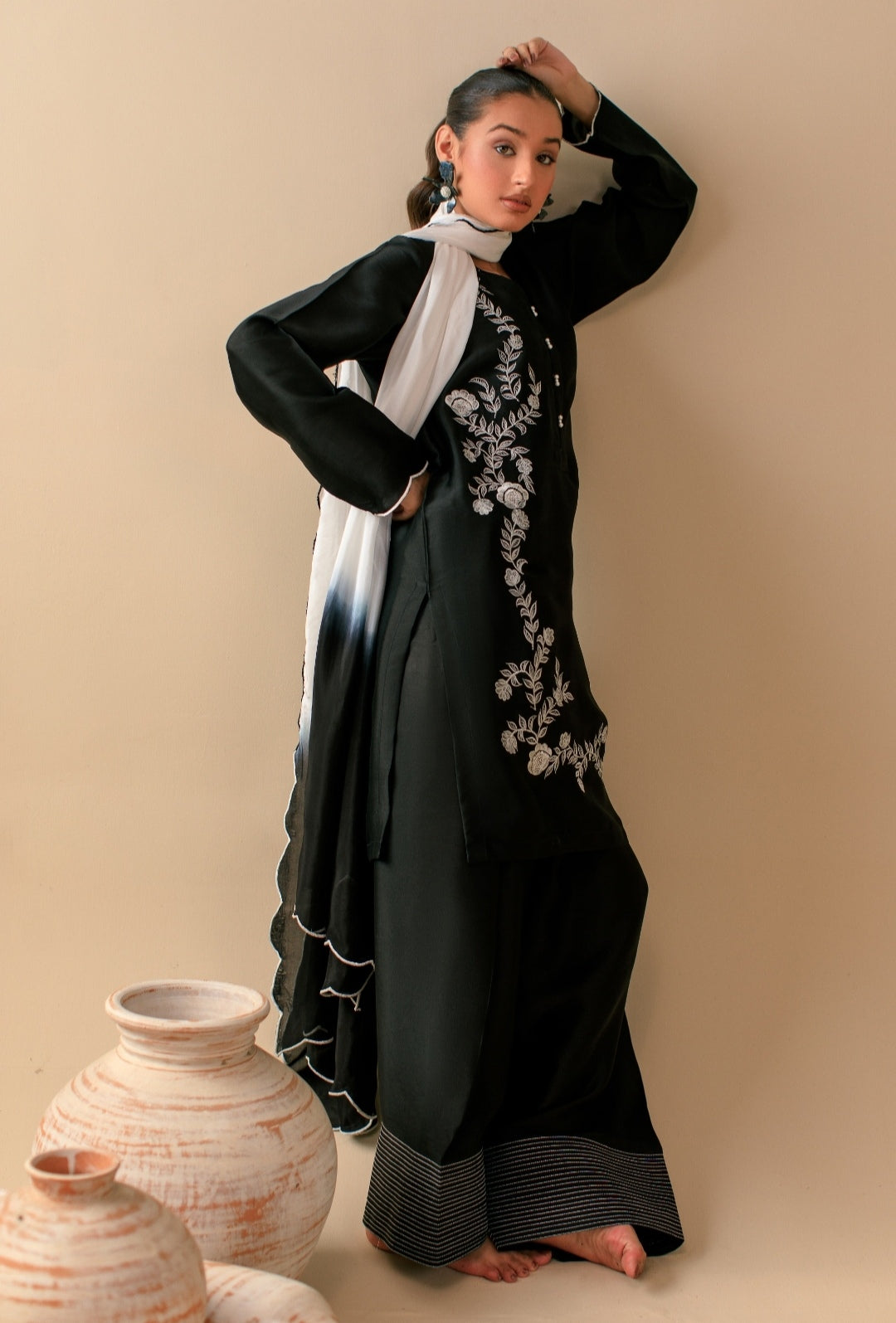3-Piece Black & White Embroidered Silk