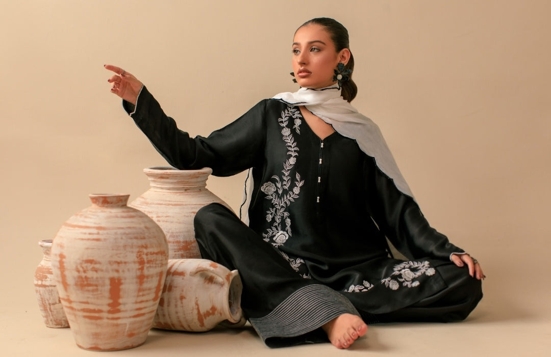 3-Piece Black & White Embroidered Silk