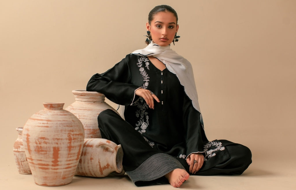 3-Piece Black & White Embroidered Silk