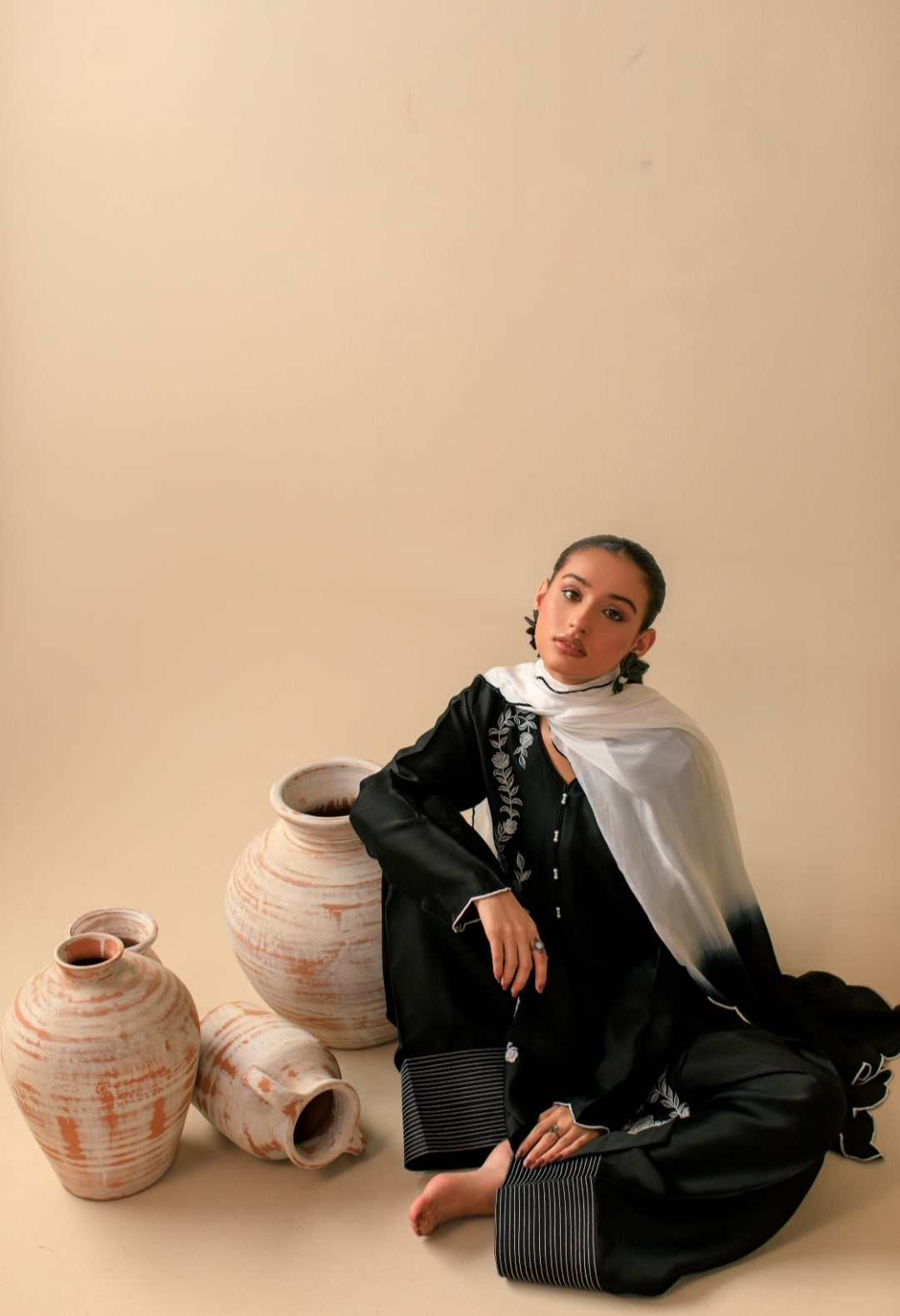 3-Piece Black & White Embroidered Silk