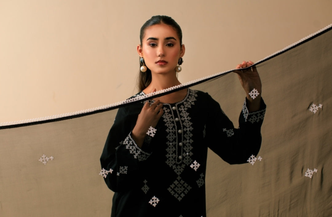 3-Piece Black Embroidered Lawn