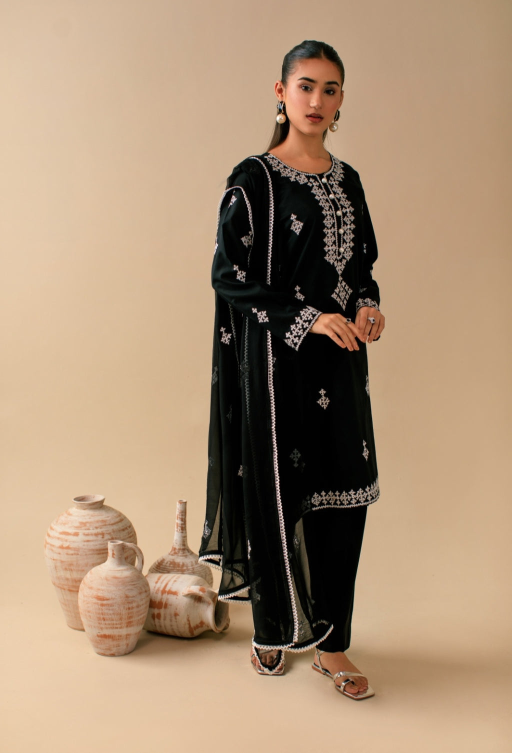 3-Piece Black Embroidered Lawn