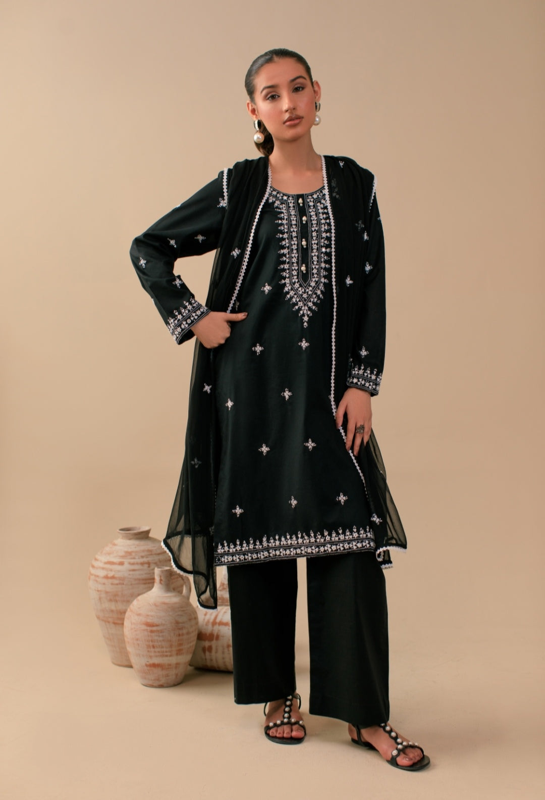 3-Piece Black Embroidered Lawn