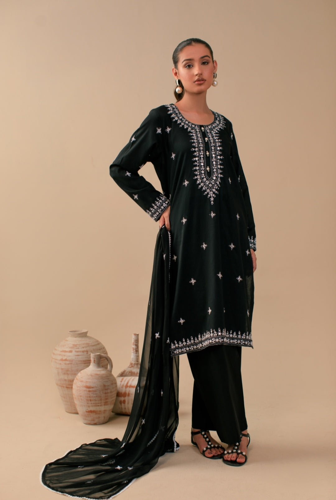 3-Piece Black Embroidered Lawn