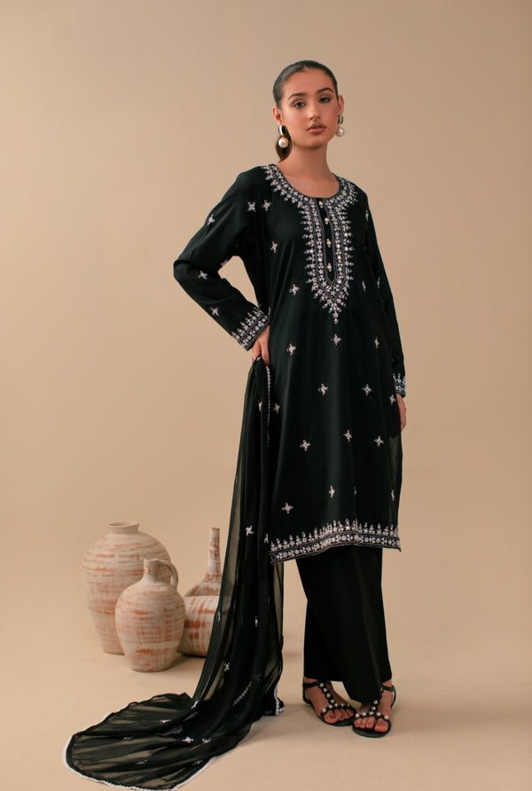 3-Piece Black Embroidered Lawn