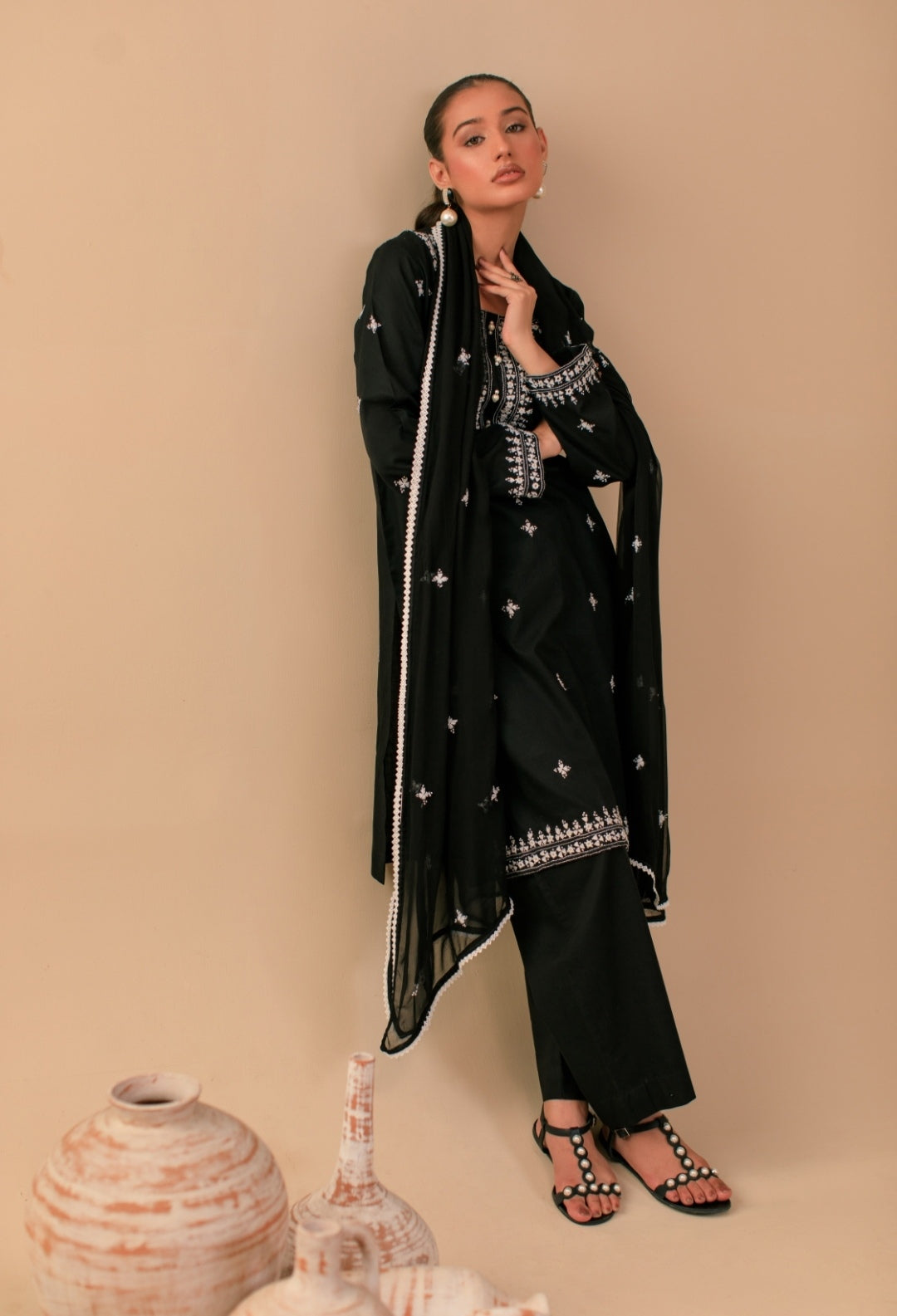 3-Piece Black Embroidered Lawn