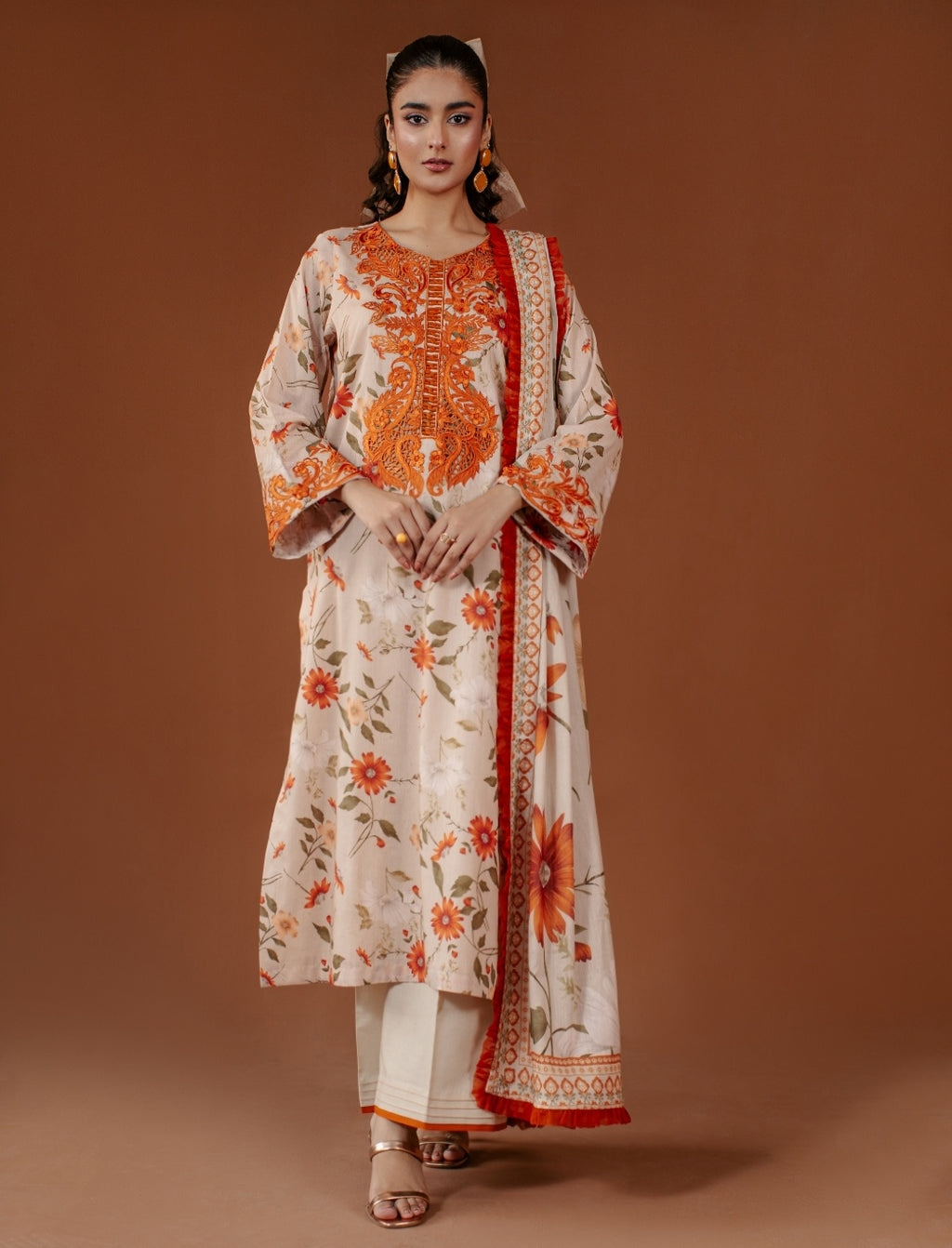 3-Piece Light Biscuit Printed Embroidered