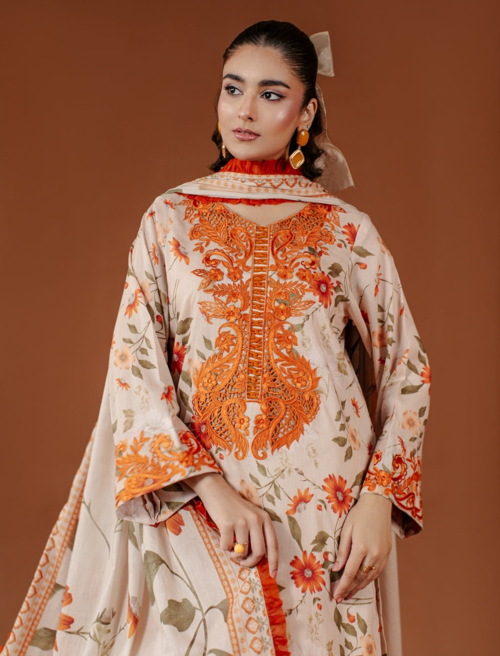 3-Piece Light Biscuit Printed Embroidered