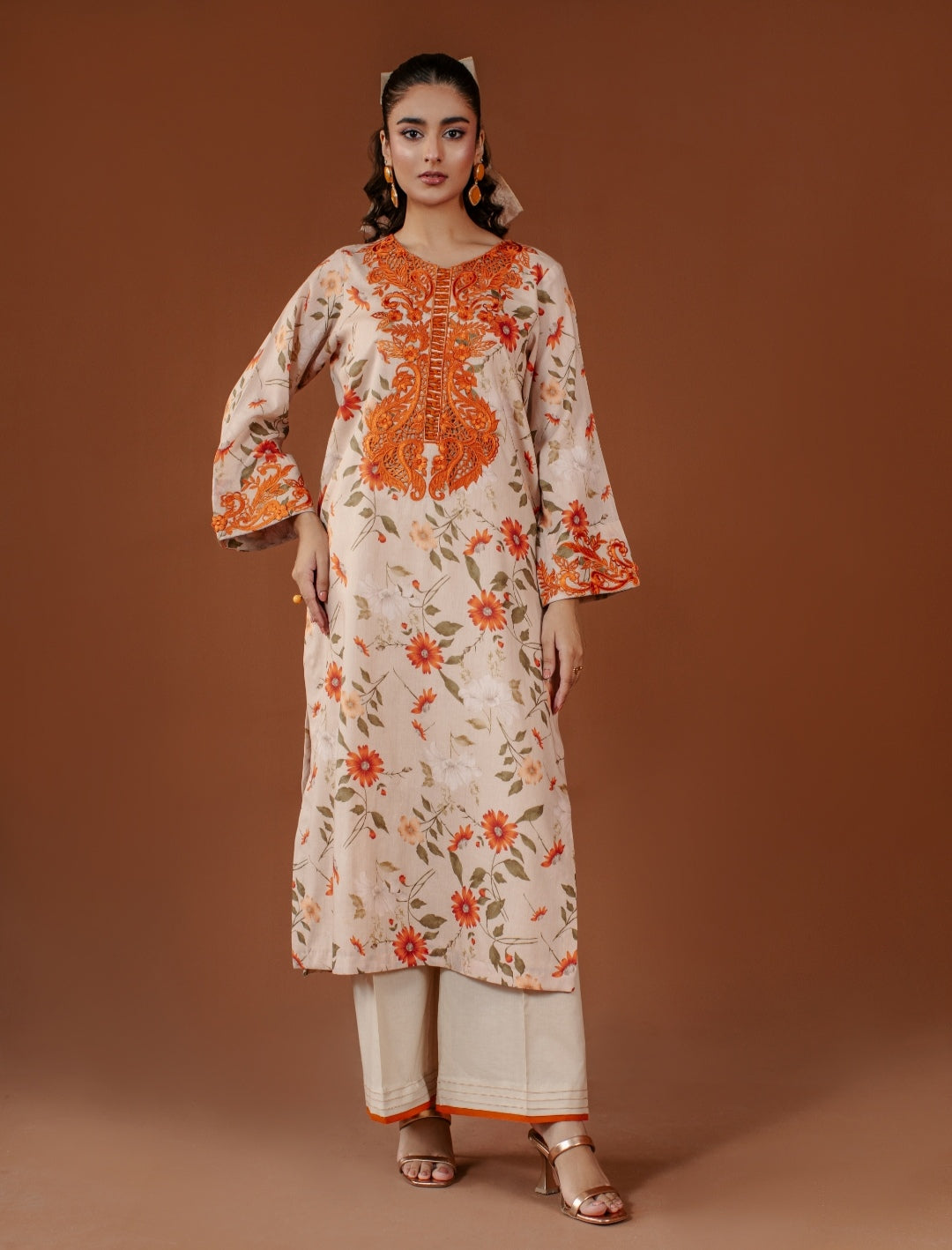 3-Piece Light Biscuit Printed Embroidered