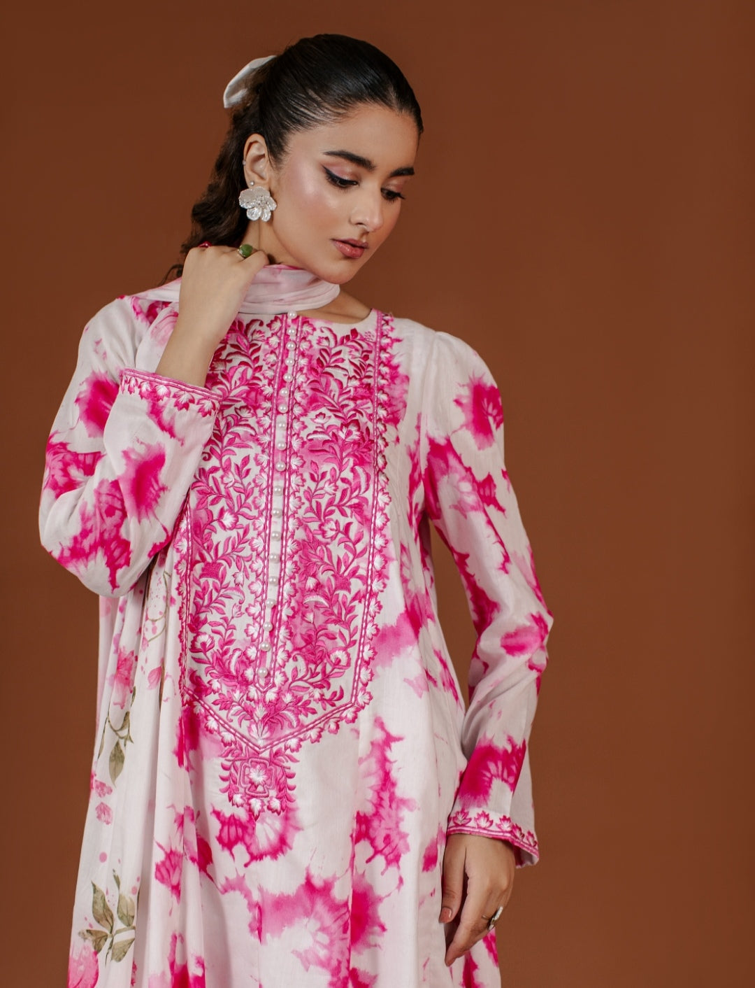 3-Piece Tie And Die Pink Printed Embroidered